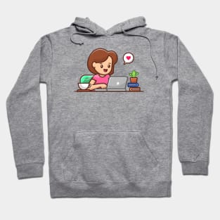 Woman Operating Laptop With Coffee Hoodie